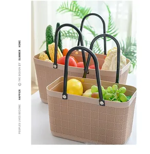 Woven grid texture waterproof plastic picnic basket with black handles for home storage