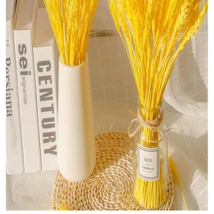 Detailed view of natural golden dried wheat stalks in decorative vases for home decor