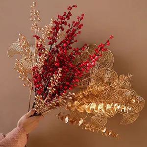 Golden Artificial Eucalyptus Ginkgo Leaf Stem Red Berries New Year Home Decoration Branch For Festive Living Room Decor Arrangement