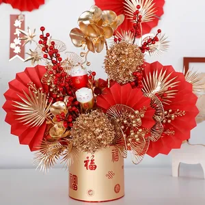 Traditional Chinese New Year gold and red artificial flower arrangement decor