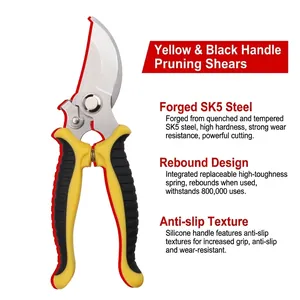 Professional SK5 steel curved pruning shears with ergonomic yellow and black non-slip handles.