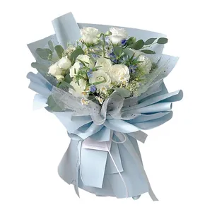 Fresh flower bouquet wrapped in Korean style light blue waterproof Oya wrapping paper