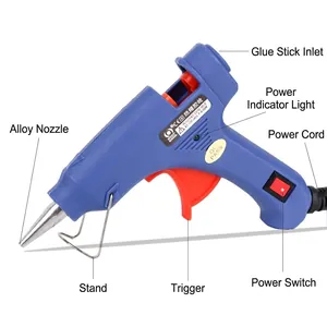 Blue 20W hot melt glue gun with parts labeled for craft projects and floral packaging