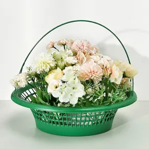 Green plastic memorial flower basket with handle for funeral and cemetery arrangements