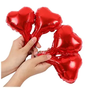 Handheld 5-inch metallic red heart-shaped aluminum foil balloons for wedding and party decor
