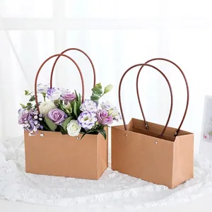 Waterproof Kraft Paper Flower Packaging Handbag High-End Trapezoidal Rectangular Gift Bag For Mother's Day Flower Shop Bag