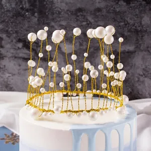 Elegant gold wire crown headpiece with white pearls for bridal and birthday events