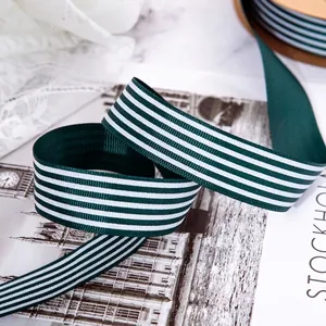 Classic dark green and white striped grosgrain ribbon for gift and flower packaging