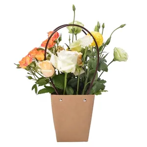 Waterproof kraft paper flower carrier bag with elegant handles for floral arrangements