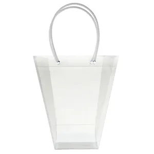 Transparent trapezoidal flower gift bag with white rope handles for bouquet packaging