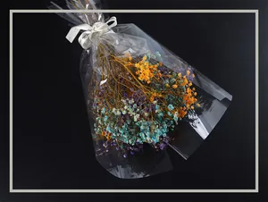 Detailed view of clear transparent cellophane wrapping a colorful flower bouquet