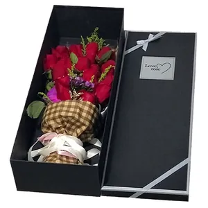 Elegant black rectangular flower gift box for roses with white ribbon and Love Rose label.