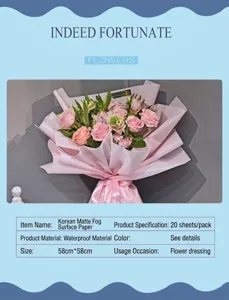 Detail showing pink waterproof matte paper wrapping a bouquet of fresh roses.