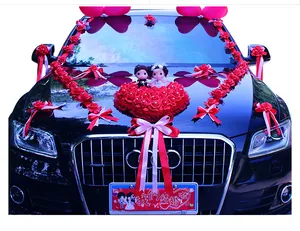 Luxurious red heart-shaped wedding car flower decoration kit with cute dolls