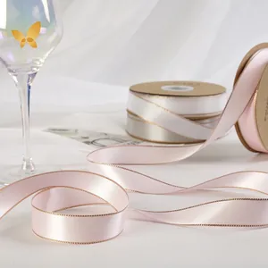 Ruban Satiné à Bord Doré pour Emballage Cadeau Bouquet de Fleurs Décoration DIY Ruban en Polyester Tissu Douce