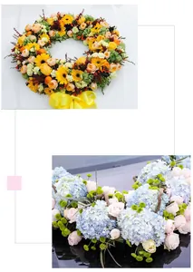 Details of vibrant yellow wreath and blue hydrangea wedding car flower decorations