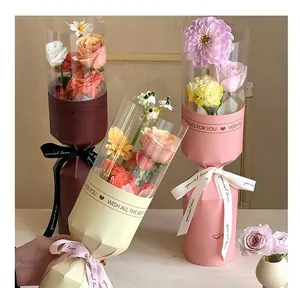 Detailed view of DIY single flower bouquet wrapping with transparent fixed plates