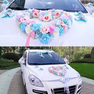 Heart-shaped wedding car flower decoration set with pink and blue roses