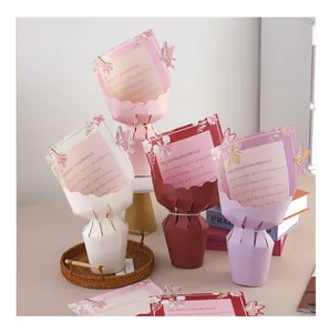 Detailed view of integrated pre-shaped floral wrapping paper in various elegant colors