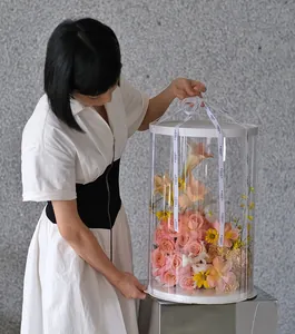Elegant clear PVC round cylinder gift box for flower arrangement or cake packaging.