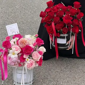 Scatola Imballaggio Fiori Tonda Trama a Traliccio Hug Bucket Cartone Bianco Scatola Regalo Rosa Romantica per Matrimonio Festa