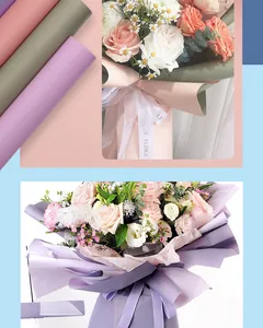 Close-up of matte waterproof flower wrapping paper rolls and bouquet application examples.