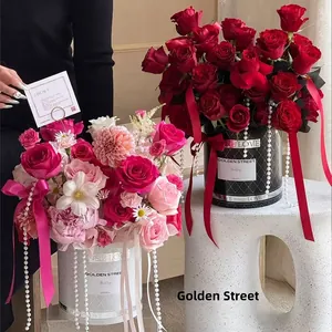 Scatole regalo tonde per fiori di lusso con rose e perle per confezioni fioristi