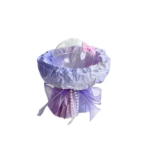 DIY bouquet packaging kit with purple wrinkled paper and transparent bobo cup dome