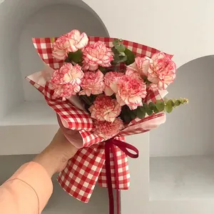 Red and white checkered flower wrapping paper for bouquets with pearlescent finish