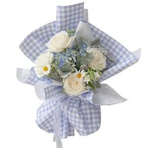 Blue and white gingham flower wrapping paper with pearl texture for elegant bouquets