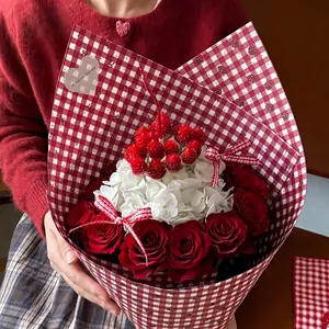 Vintage red and white checkered flower wrapping paper for romantic bouquet gift packaging