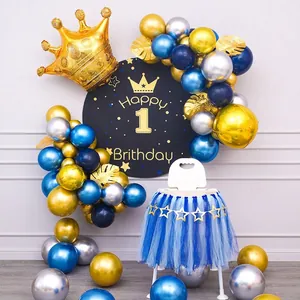 Blue and gold metallic balloon set with crown for first birthday party decoration