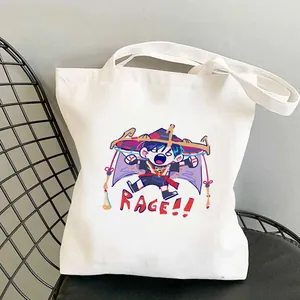 Weißer Canvas-Tragbeutel mit Anime-Figuren-Druck und RAGE-Text, lässige Alltagstasche.