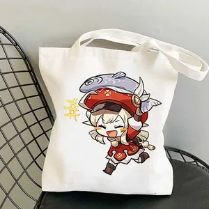 Weiße Segeltuch Tragetasche mit süßem Anime Charakter Print,lässige Umhängetasche für Schüler.