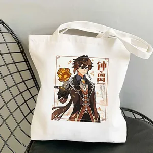 Weisser Segeltuch-Tragetasche mit Genshin Impact Zhongli Druck, laessige Schultertasche fuer Fans.
