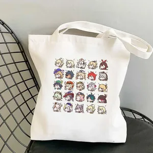 Detailansicht der niedlichen Anime Cartoon gedruckten Leinwand Tragetasche mit Charakteren.
