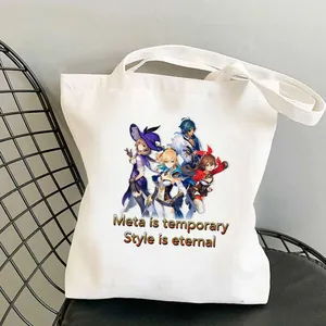 Weisser Segeltuchtasche mit Anime-Figuren Grafikdruck, laessige Umhaengetasche fuer Studenten.