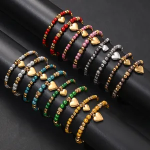 Bracciale con Perline a Cuore in Acciaio Inossidabile Per Donna Uomo Colorato Perla Artificiale Elastico Bracciale Coppia Gioielli