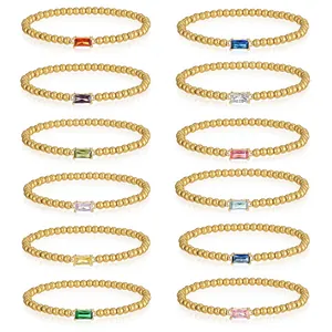 Edelstahl 18K Gold Vergoldet Perlenarmband Für Damen Rechteck Zirkonia Geburtsstein Elastische Perlenkette Armband Schmuck