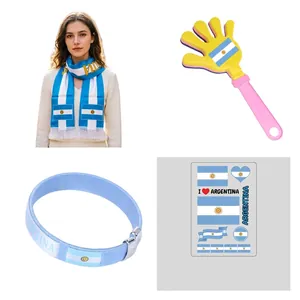 Argentina football fan gear set including scarf, wristband, hand clapper and stickers.
