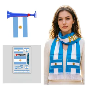 Set de 3 accessoires de supporter Argentine avec écharpe, klaxon bleu et stickers visage.