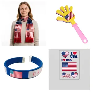 Detailed view of 4-piece USA fan cheering set with scarf, wristband, clapper, and stickers