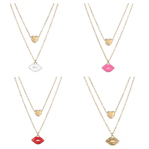 Vergoldete Edelstahl Halskette Zweilagig Herz Lippen Anhänger Stilvolle Schichtkette Schmuck Geschenk Für Damen