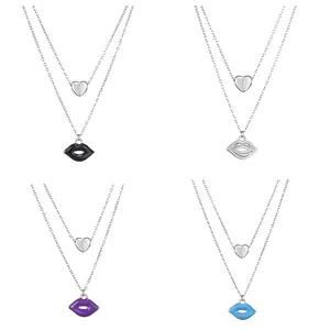 Collana a Doppio Strato in Acciaio Inossidabile con Pendente a Cuore e Labbra in Smalto Catena da Clavicola Gioielli Donna