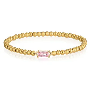 Detailansicht eines 18K vergoldeten Edelstahl-Perlenarmband mit rosa Zirkon-Stein