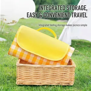 Foldable 150x100cm waterproof camping picnic mat featuring a yellow checkered design