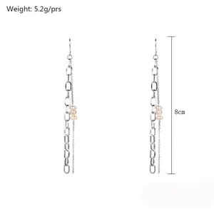 Orecchini a catena lunga in acciaio inox con perle d'acqua dolce, 8 cm, 5,2 g