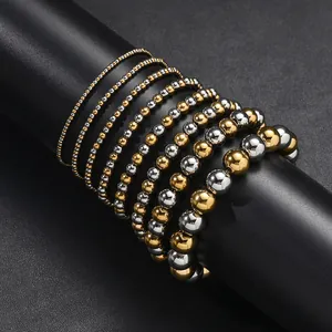 Minimalist Stainless Steel Mixed Gold Silver Round Bead Elastic Bracelet For Women Waterproof Polished Metallic Texture Beaded Hand Chain Fashion Jewelry Gift