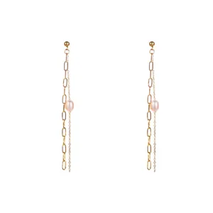 Elegant minimalist gold stainless steel long chain earrings with natural freshwater pearls