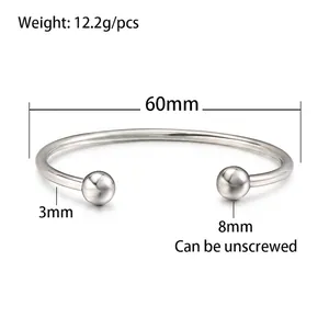 Detail view of 3mm stainless steel cuff bangle with 8mm unscrewable ball ends
